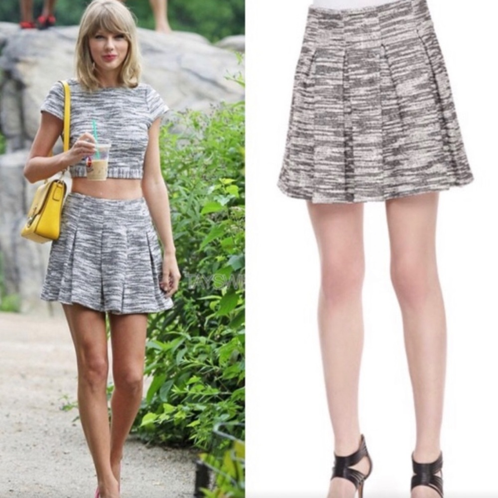 Alice + Olivia Black and White Tweed Pleated Skirt